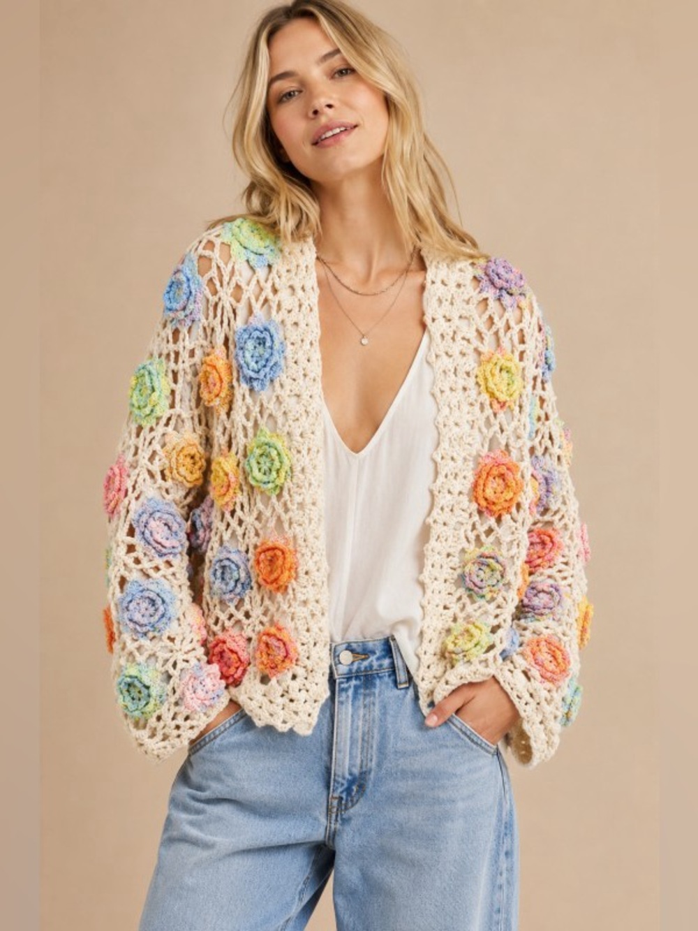 Cream rose floral granny crochet eyelet western cardigan sweater jacket top